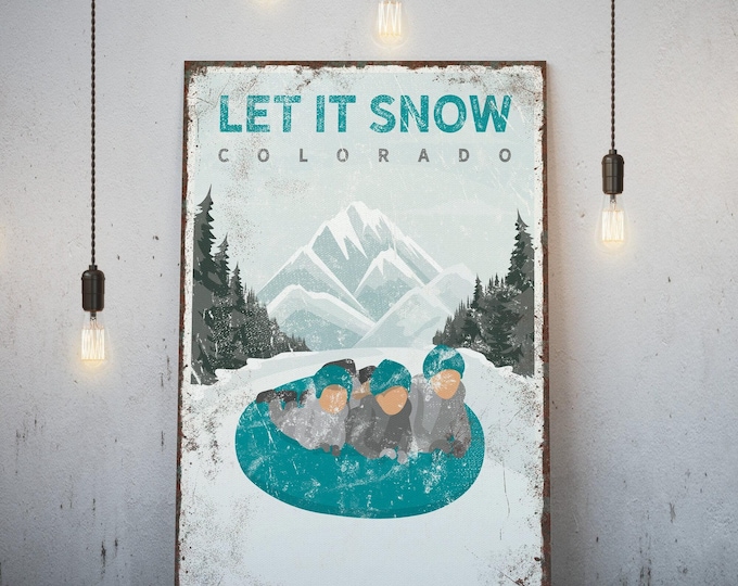 Personalized Family Snow Tubing Poster, Custom Text LET IT SNOW, Teal Winter Farmhouse Decor, Retro Colorado Ski Sign {vph}