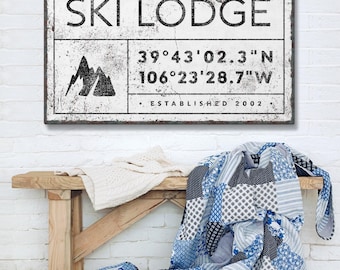 Personalized Ski Lodge Sign: Family Name, GPS Coordinates