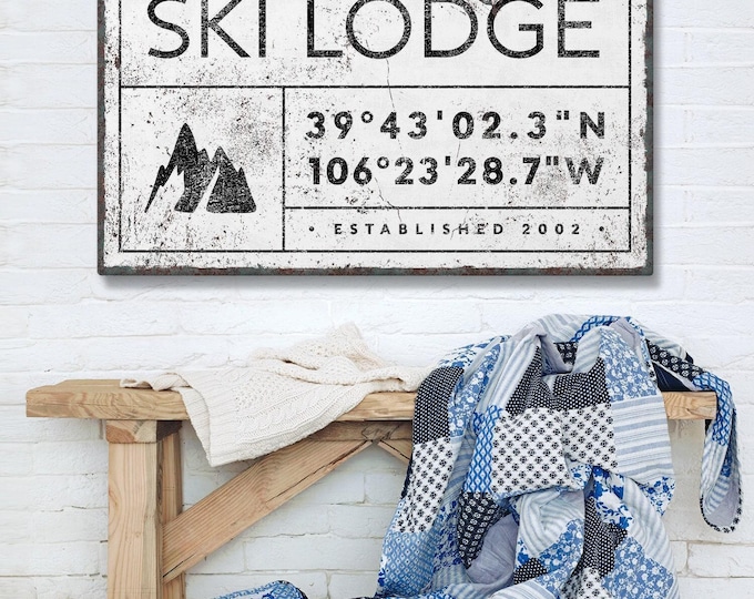 Personalized Ski Lodge Sign: Family Name, GPS Coordinates