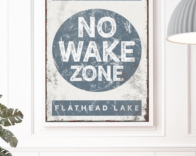 Blue Lake No Wake Zone Sign, Slow Down Custom Lake Name, Slate Blue Gray Wall Decor