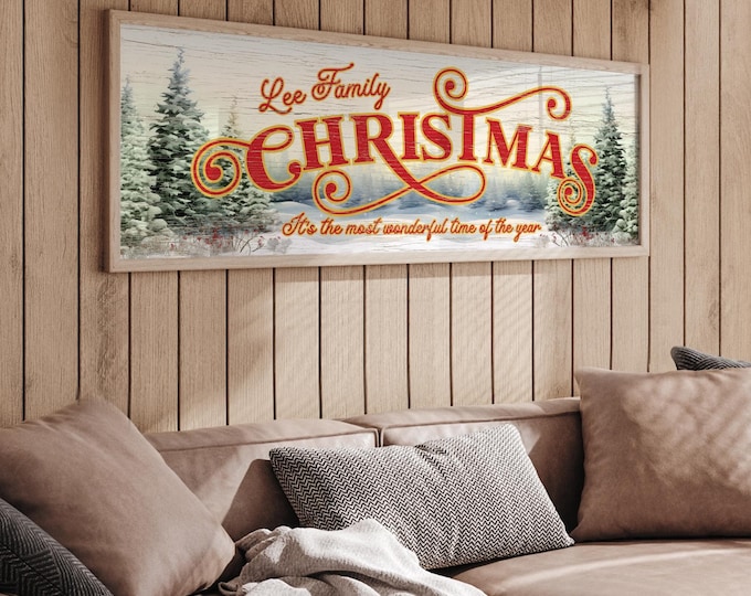 Family Christmas Sign, Retro Winter Landscape, Evergreens (Custom Name)