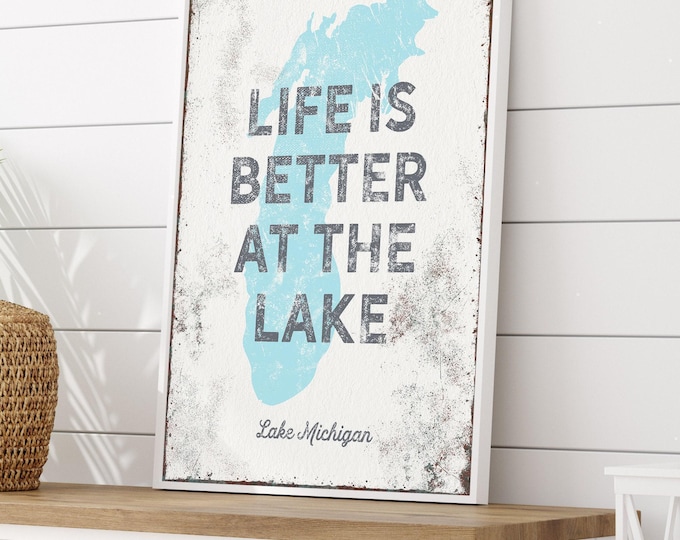 Lake Michigan Map Sign, Custom Light Blue Lake Silhouette, Charcoal Wall Art