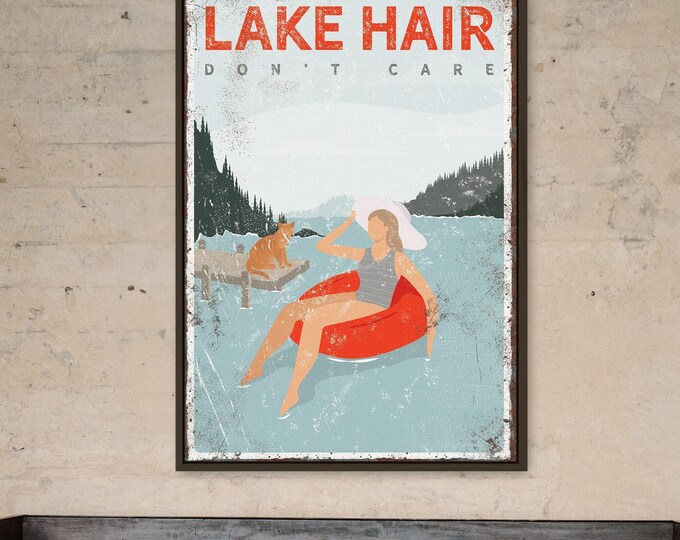 red LAKE HAIR sign, personalized tubing poster, vintage lake decor with cat on a dock, vintage lake hair dont care, gift for cat lover {vpl}