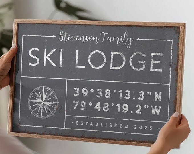 Personalized Ski Lodge Sign: Slate Gray, Compass, Custom Coordinates