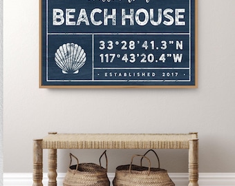 Beach House Sign, Nautical Canvas, Seashell Wall Art, Custom Last Name Plaque, Large Framed Coordinates Decor, Coastal Home Gift