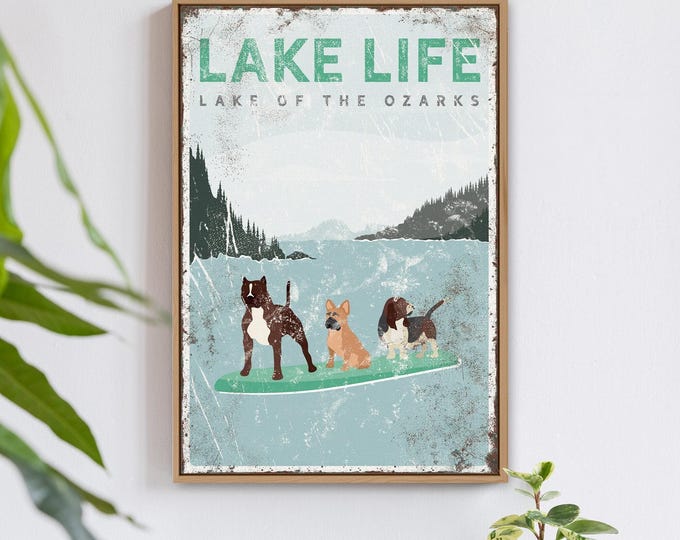 Lake Life Wall Art, Paddleboarding and Dogs (Custom Text, Multiple Sizes)