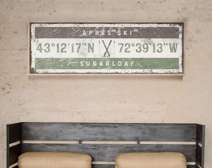 Custom apres ski sign for your ski lodge, coordinates and place name included