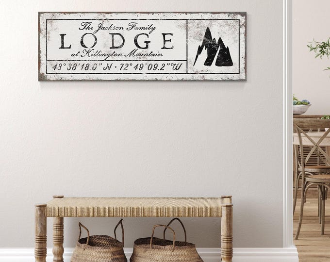 Mountain Lodge Sign, Personalized Coordinates for Family Ski Retreats