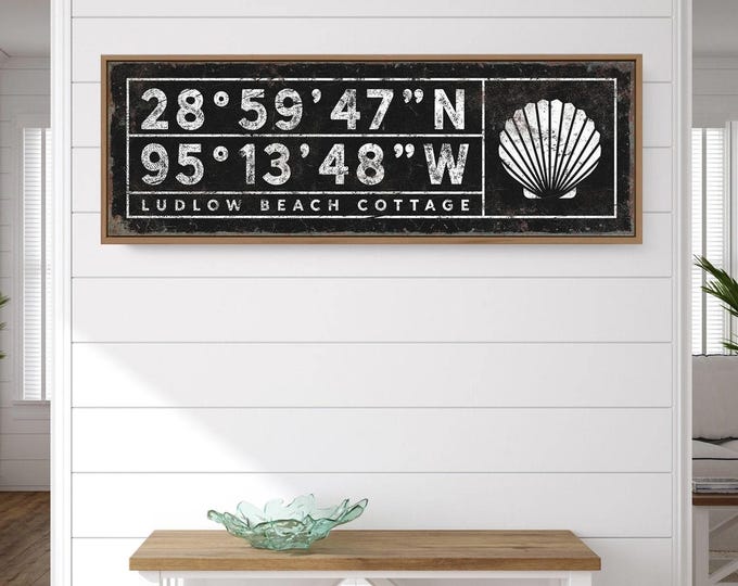 Coastal Wall Art Beach Sign, Vintage Coordinates (Custom Text & Frame)