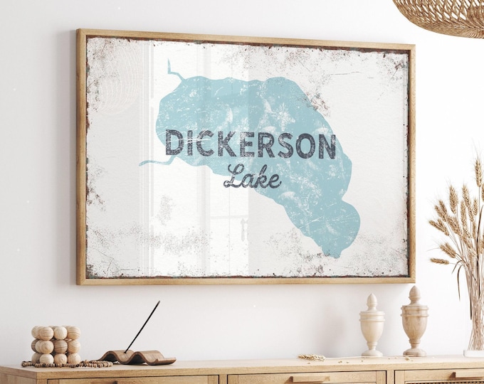 Custom Lake Map, Light Blue And Charcoal Shoreline Sign, Cream Lake House Wall Art