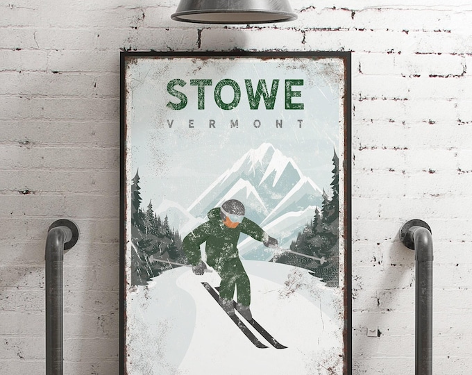 Ski Lodge Decor, Vintage Vermont, Custom STOWE Poster, Mountain Wall Art, Forest Green Canvas, Travel Gift for Dad, Personalized Print {vpw}