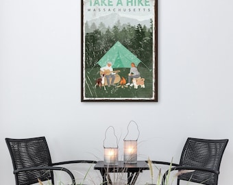 Campfire Guitar Couple Print, Cabin Decor Ideas With Custom State Name Added