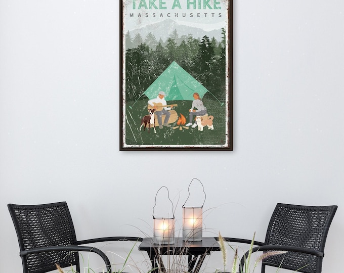 Campfire Guitar Couple Print, Cabin Decor Ideas With Custom State Name Added