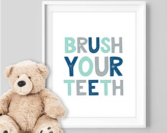 brush your teeth poster / wall art print DIY / bathroom sign, NAVY MINT nursery poster for gallery wall ▷ digital printable poster jpeg
