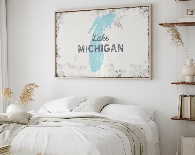 Lake Michigan Map Wall Decor, Blue Silhouette Lake Outline, Custom Lake Vacation Gift