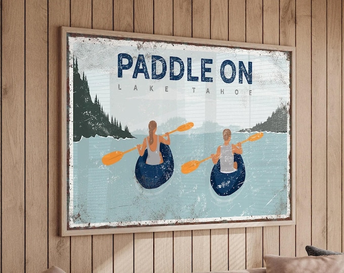 Kayak Wall Art: Paddle On Poster with Two Kayakers in Navy, Personalized Vintage Lakehouse Canvas