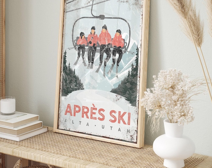 Custom Vintage Ski Poster, Mountain Lodge Art (Rustic Wood Frame)