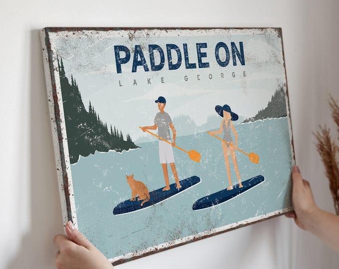 Vintage Lake Signs, Lake Home Decor, Ginger Cat, Retro Paddleboard Art, Custom Navy Wall Poster, Couple Paddleboarding Scene {vpl}