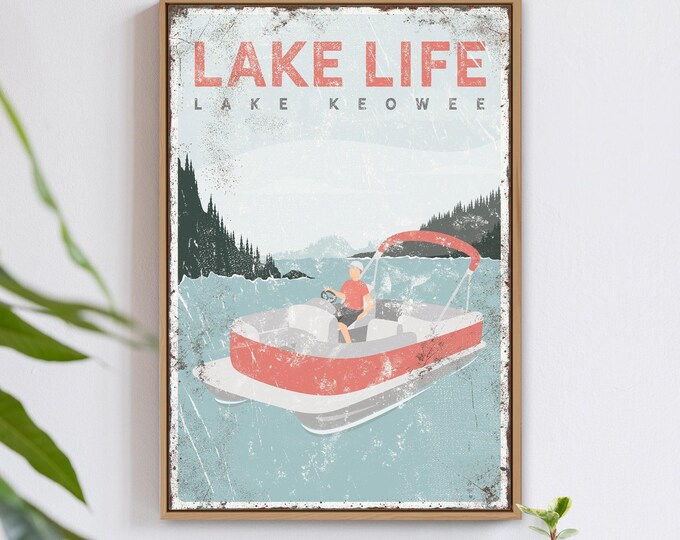 Pontoon Boat Wall Art: Personalized Rustic Lake Decor (Canvas or Paper)