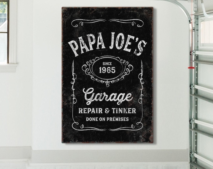Vintage Garage Sign, Whiskey Label Canvas (Custom Name & Year)