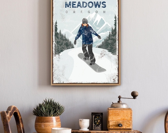 vintage SNOWBOARD poster, woman snowboarding, navy blue ski lodge sign (Mount Hood Meadows, Oregon), can be personalized, ski decor {vpw}
