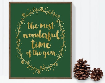 the most wonderful time / wall art print DIY / christmas decoration / GOLD WREATH / calligraphy, gold and green ▷digital printable sign