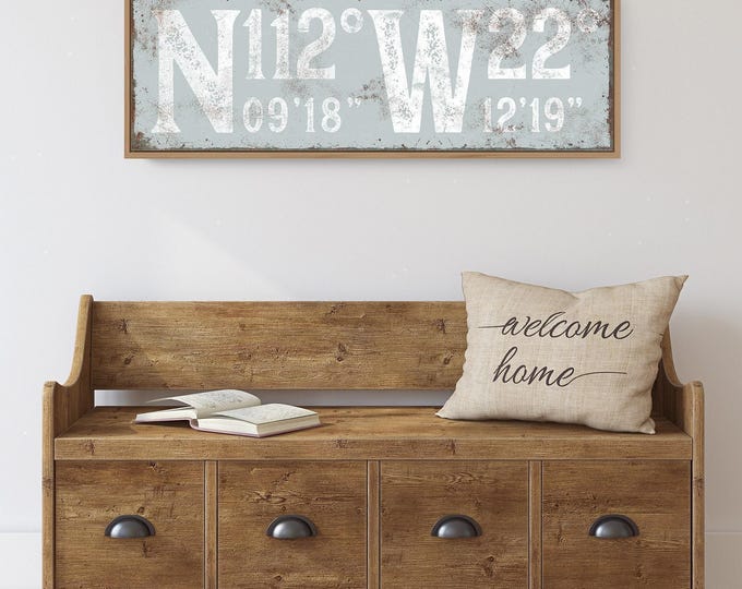 Bold distressed numbers sign, gray coordinates art in smoke and white