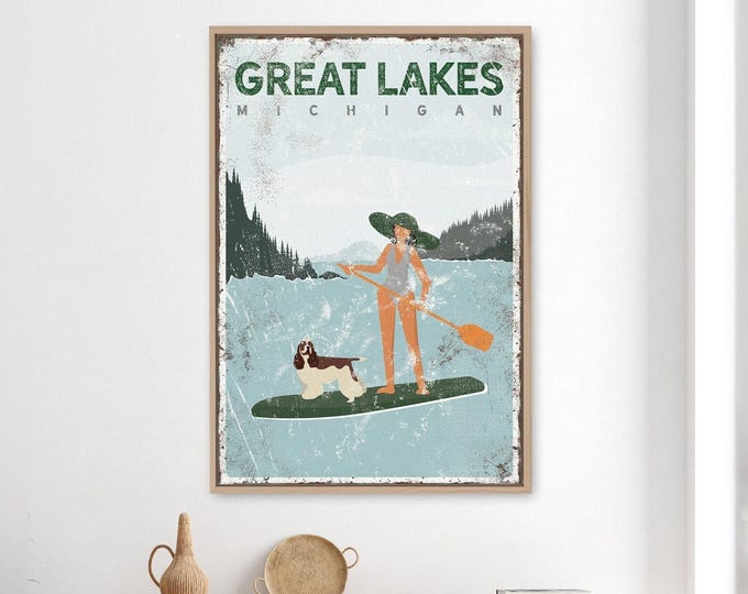 Paddle Lake Sign, Personalized Paddleboard Woman and Spaniel, Custom Lake Gift