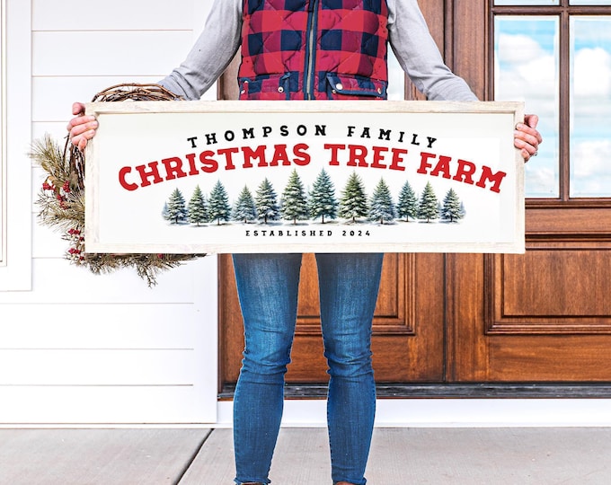 Christmas Wall Decor, Personalized Family Tree Farm Sign with Snowy Pines in Red and Black Art