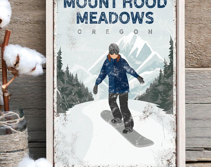 Mount Hood Meadows Ski Sign, Navy Snowboarder Wall Art, Personalized Resort Lodge Decor