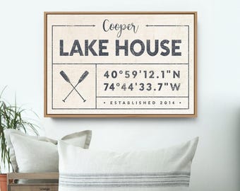 vintage LAKE HOUSE sign, nautical last name canvas for lakehouse, custom GPS location coordinates, rustic farmhouse boho wall art {gdo}