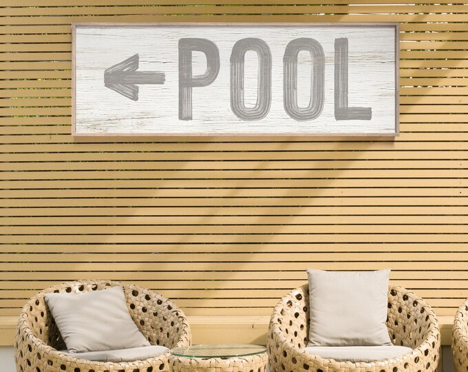 Vintage Pool Arrow Sign - Rustic Faux Weathered Wood Wall Art