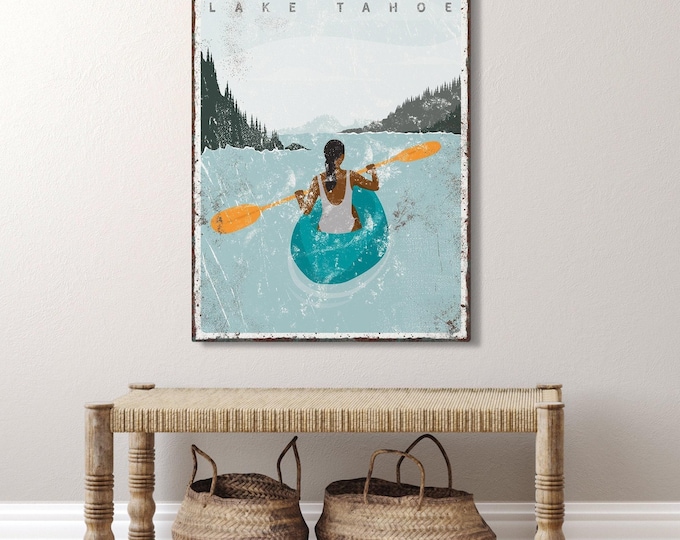 Kayak Lake Sign, Teal Orange Kayak Art, Custom Lake Name Wall Decor