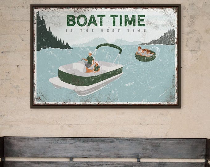 Green Lake Art, Forest Green Pontoon Boat Scene, Custom Family Lake Tubing Gift