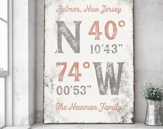 Personalized Coordinates Sign: Custom Last Name, Pink & Gray Art