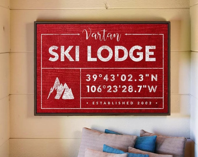 Family Name Ski Lodge Sign, Rustic Canvas (Custom GPS Coordinates)