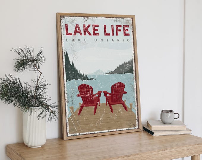 personalized LAKE LIFE sign with Adirondack Chairs, vintage Lake Ontario poster, lake dock with chairs sign, custom lake house wall art vpl