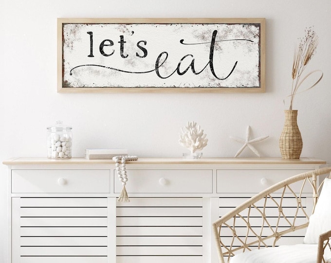 Lets Eat Sign, Distressed White Dining Room Wall Art, Boho Farmhouse Kitchen Decor
