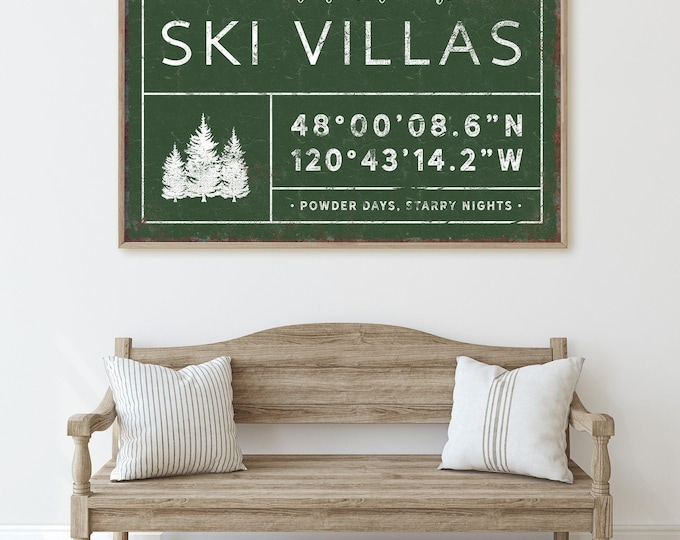 Ski Lodge Wall Decor: Personalized Name and Coordinates (Multiple Sizes)