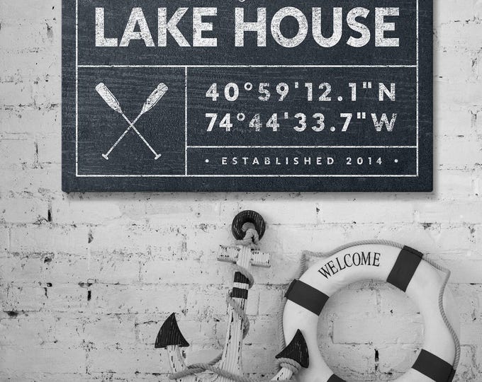 Map Coordinates Sign: hale navy LAKE HOUSE canvas, nautical last name sign, personalized