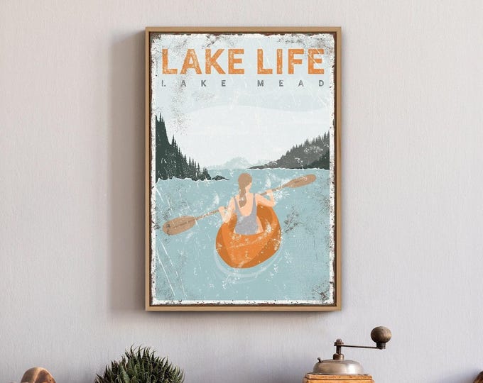 Kayak Lake Sign, Orange Kayak Scene in Pale Blue and Cream, Custom Lake Name Art