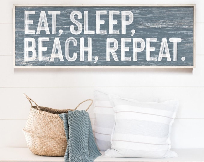 Coastal Housewarming Sign, Eat Sleep Beach Repeat in Slate Blue, Whitewashed Wall Art