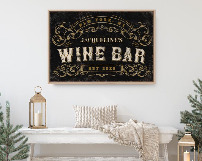 Large Black WINE BAR Canvas, Retro Style Family Name Sign, Personalized Wine Gift for Wife, Custom Antique Bar Sign, Vintage Home Decor
