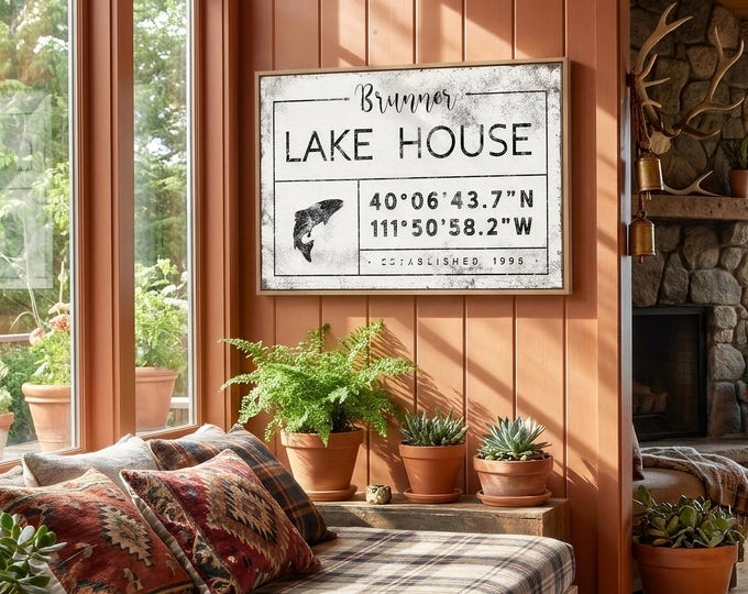 Trout Fishing Sign, Personalized Lake House Name Sign, Black Family Lake Gift
