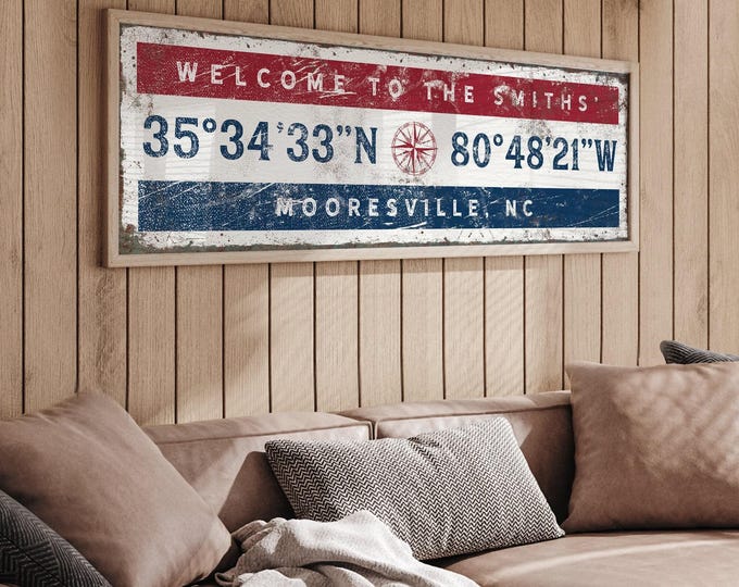 Nautical Coordinates Canvas, Vintage Compass Rose (Personalized Size Options)