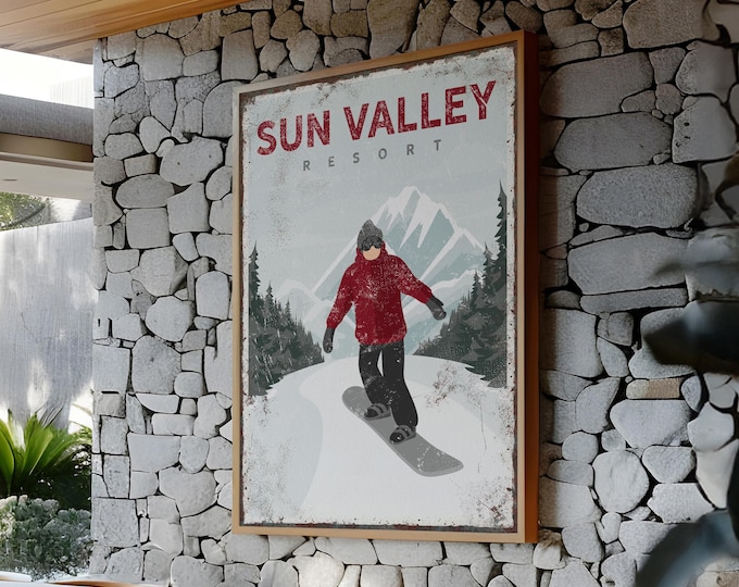 Vintage Maroon Snowboard Poster: Sun Valley Resort Wall Art