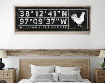 Rooster Wall Art: Vintage Farmhouse Sign - Custom Coordinates