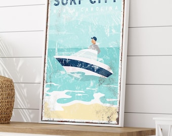 custom boating art print > vintage motor boat canvas wall art for decor, nautical beach house canvas, large framed canvas sign {vpb}