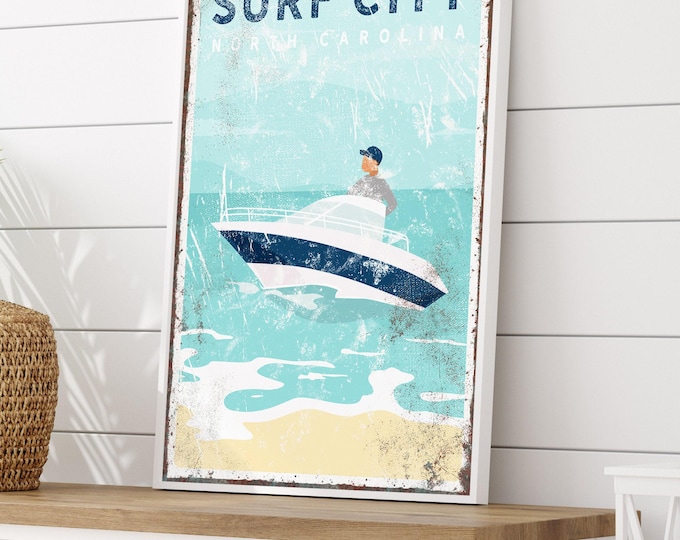 custom boating art print > vintage motor boat canvas wall art for decor, nautical beach house canvas, large framed canvas sign {vpb}