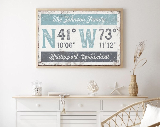 The Johnson Family Coordinates Sign, Personalized GPS City Print, Custom Name Wall Art